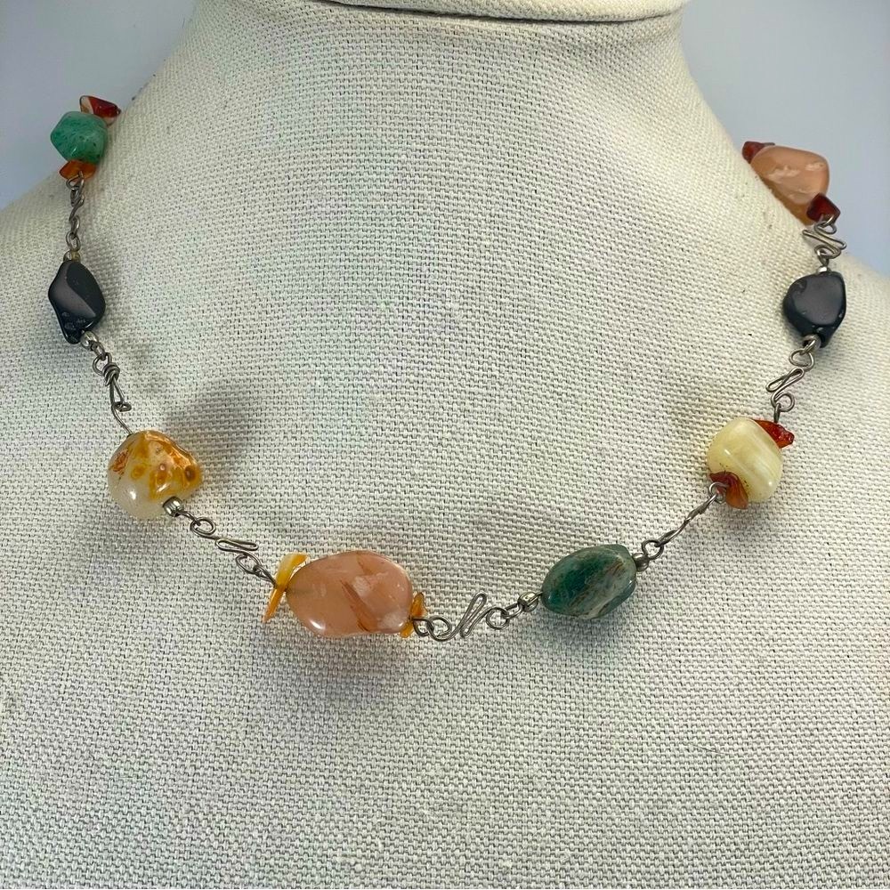 Vintage Agate Quartz Aventurine Gemstone Nugget Beaded Necklace Silver Tone